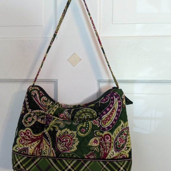 Vera Bradley Green Floral Paisley Small Hobo Bag Purse Front & Interior Pocket - Picture 2 of 9